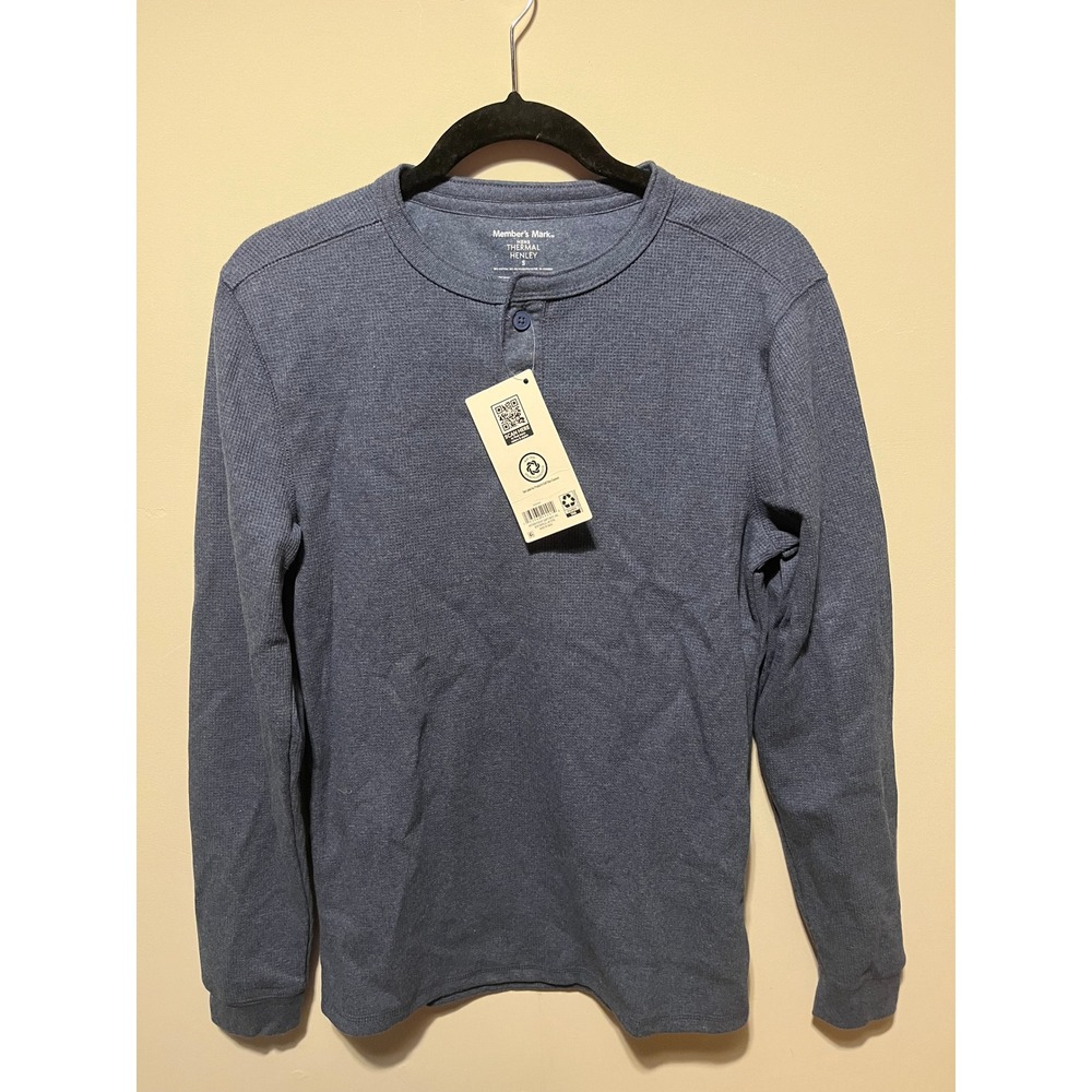 Member's Mark Mens Thermal Henley Shirt Blue Waffle Knit Long Sleeve Small NWT